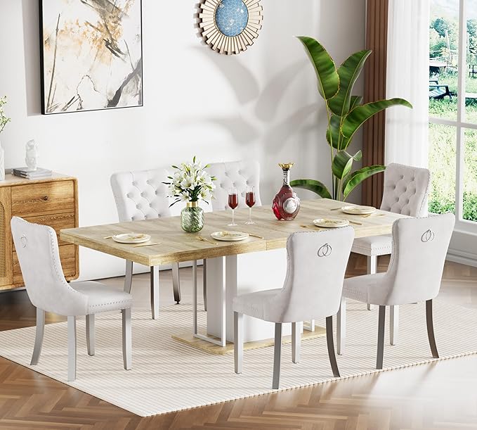Goujxcy 78.7" Farmhouse Extendable Dining Room Table Set for 6, 7-Piece Rectangle Kitchen Dining Room Table Set with Wood Base and 6 Beige Velvet Dining Chairs, Extending Kitchen & Dining Table Set