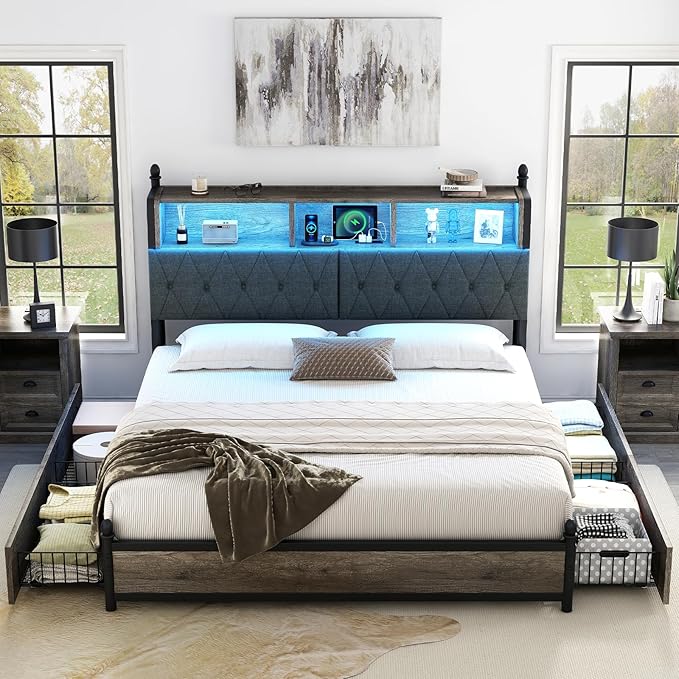 AMERLIFE King Size Bed Frame with Bookcase Headboard and 4 Storage Drawers, Wooden Platform Bed with Charging Station and LED Light, No Box Spring Needed/Noise-Free, Gray