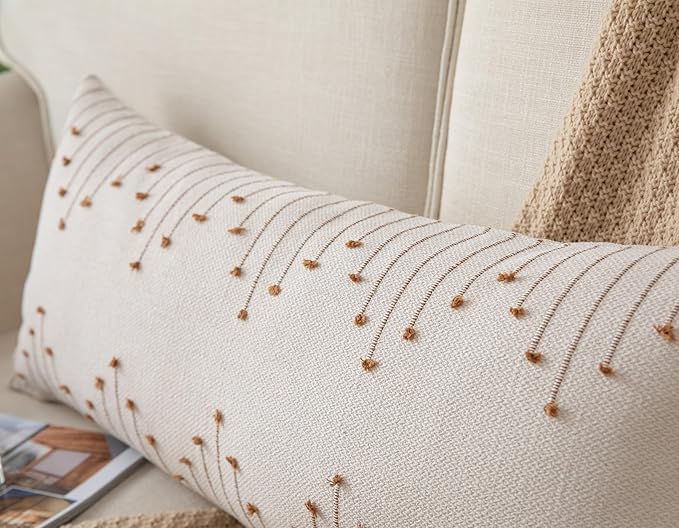 Caflife Boho Lumbar Pillow Cover 14x36 Long Pack of 1 Decorative Pillows Bed, Beige with Brown Body Throw Pillow Covers, for Modern Farmhouse Sofa Bedroom Living Room Home Decor Couch Pillowcase