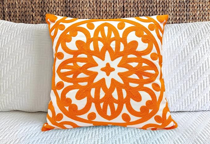 Alysheer Embroidered Decorative Throw Pillow Cover 20"x 20", Boho Mandala Modern Thick Embroidery Pattern, Durable Cotton Canvas Soft Cushion Case for Sofa Couch Bed Living Room (Bright Orange)