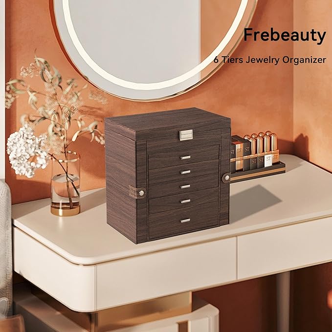 Frebeauty Large Jewelry Box,6-Tier PU Leather Jewelry Organizer,Multi-functional Storage Case with Mirror,Accessories Holder with 5 Drawers for Necklace Bracelets Watches(Tree Brown)