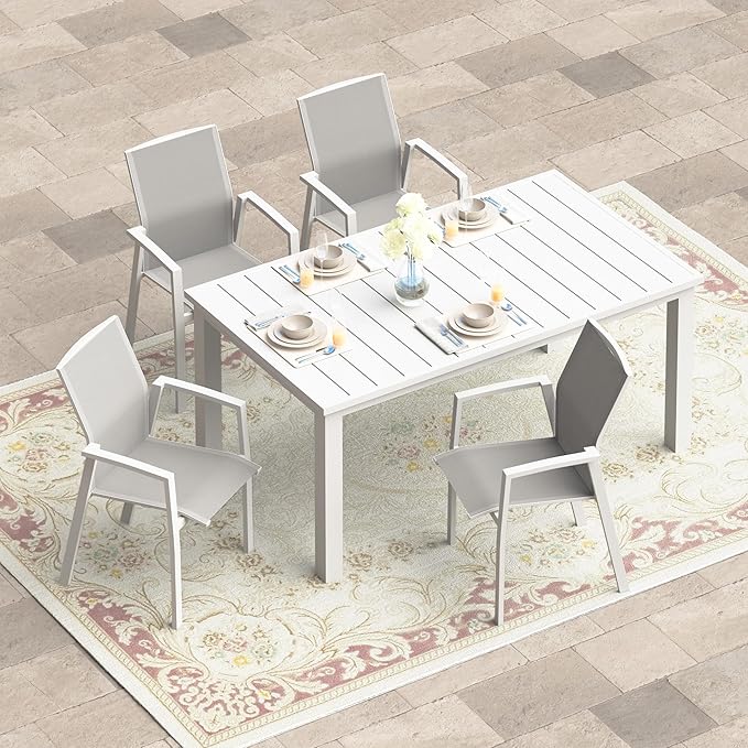5 Piece Aluminum Outdoor Patio Dining Sets with Fully Assembled Dining Chair，91.3"L×39.4"W Expandable Patio Table and Chairs Set for 4, Stackable Chairs with Quick Drying Fabric, White