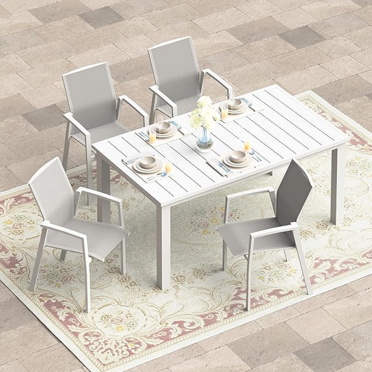 5 Piece Aluminum Outdoor Patio Dining Sets with Fully Assembled Dining Chair，91.3"L×39.4"W Expandable Patio Table and Chairs Set for 4, Stackable Chairs with Quick Drying Fabric, White