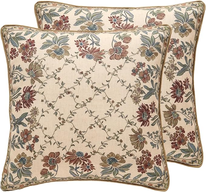 patdrea Designer Throw Pillow Covers Set of 2,Square Euro Retro Style Light Brown Linen with Floral Pattern Pillow Cover,Decorative Pillowcases Cushion for Bed Living Room Outdoor Car,18"x18"