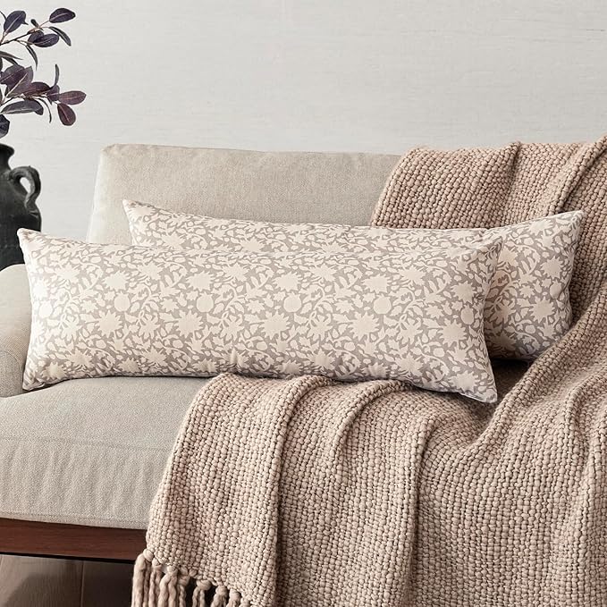Foindtower Set of 2 Decorative Long Body Lumbar Throw Pillow Covers Accent Farmhouse Cushion Covers Boho Floral Pillowcase for Couch Sofa Bedroom Living Room Home Decor Outdoor,14×36 Inch,Ivory Beige