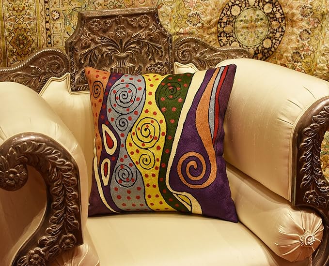 Klimt Purple Modern Accent Pillow Cover Purple | Mid Century Chair Cushions | Abstract Throw Pillows | Contemporary Pillowcase | Modern Couch Pillows | Hand Embroidered Cushion | Wool Size 18x18