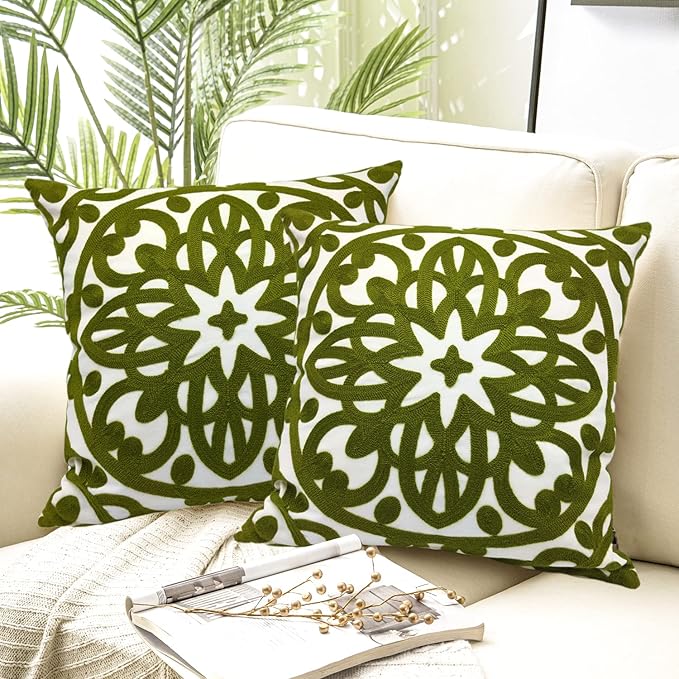 Alysheer Embroidered Decorative Throw Pillow Covers 18"x18" Set of 2 Pieces, Chic Boho Mandala Knit Pattern, Durable 100% Cotton Canvas Cushion Cases for Sofa Couch Living Room(Olive Green)