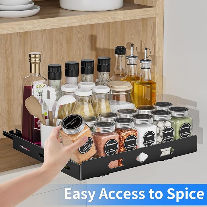 Pull Out Spice Rack Organizer for Cabinet, 1 Tier Heavy Duty Spice Rack, Vertical Spice Rack for Kitchen Cabinet and Pantry (12.6''Wx10.5''Dx2.8''H, Metal Black)