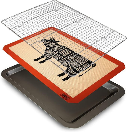 Trinity Provisions Meat Resting Pan - With Wire Rack and Silicone Baking Mat - Dishwasher and Oven Safe Stainless Steel, for Cooking and Cooling Steak, BBQ, Bacon, & More