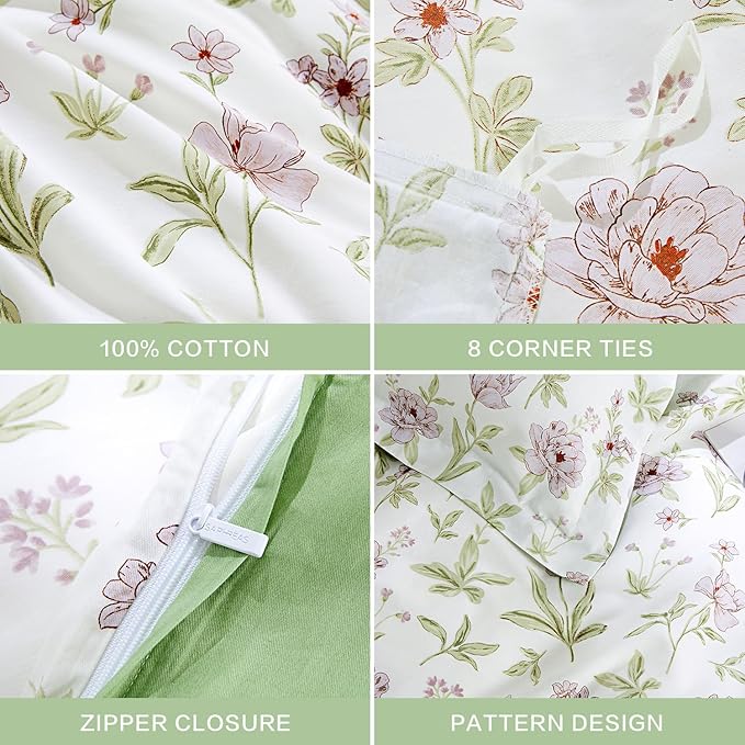 SAPHREAS Lavender Floral Duvet Cover Set Twin Size 2pcs Pink Purple Flower Green Branches Blossom Bedding Comforter Cover Set 100% Cotton 1 Duvet Cover 68"x90" 1 Pillow Sham, Comforter Not Included