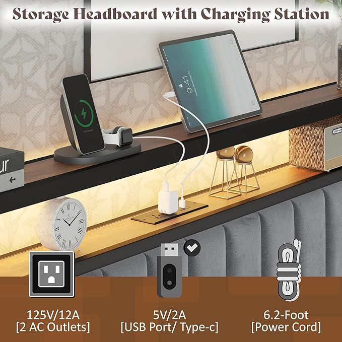 Full Bed Frame with LED Light and Charging Station, Velvet Upholstered Headboard with Storage Shelf, Heavy Duty Metal Slats/No Box Spring Needed/Easy Assembly, Grey