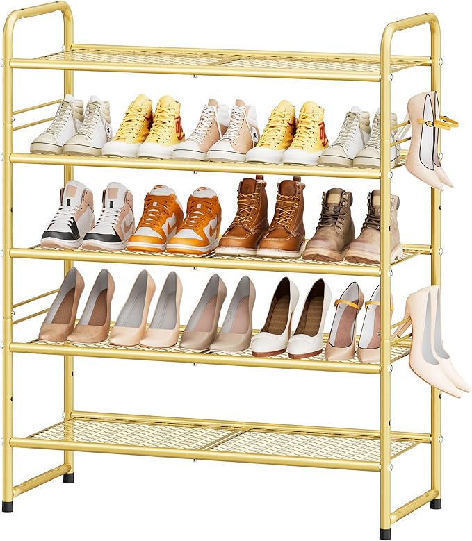 SUFAUY 33" Wide Shoe Rack, 5-Tier Shoe Storage Rack for 24-30 Pairs of Shoes, Mesh Shoe Organizer for Entryway Closet, Steel Frame, Industrial, Gold