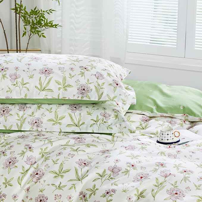 SAPHREAS Lavender Floral Duvet Cover Set Full Size 3pcs Pink Floral Green Branches Bedding Comforter Cover Set 100% Cotton 1 Duvet Cover 90"x80" 2 Pillow Shams, Comforter Not Included