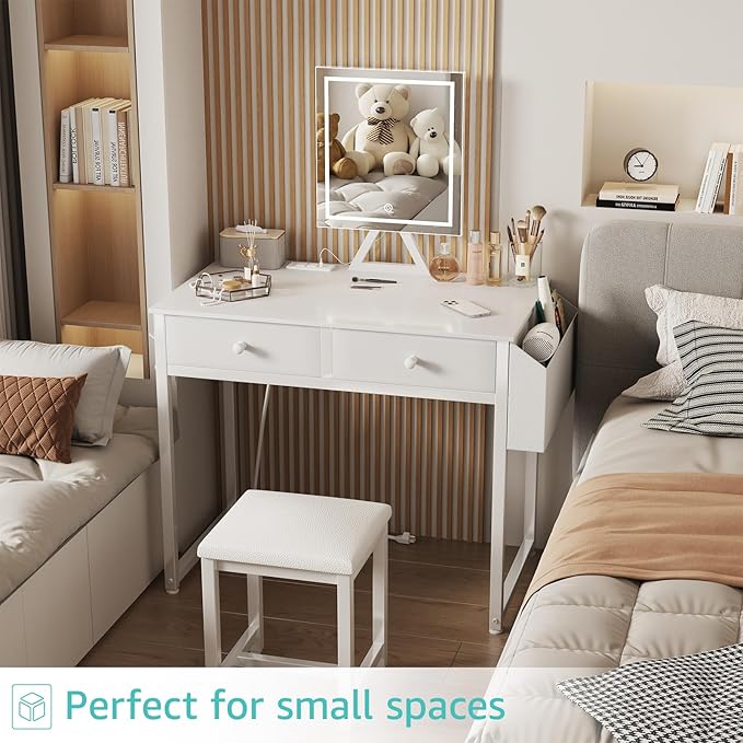 Lufeiya Small Makeup Vanity Desk with Fabric Drawers, 32 inch White Vanity Desks with Mirror and Light, Dressing Table and Chair Set with Power Outlet for Girls Bedroom, White