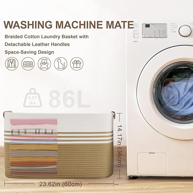 Laundry basket with leather handles for clothes,blankets,pillows,toys,towels,suitable for bedrooms and living rooms,cotton woven laundry hamper,extra large gift basket,24"x16"x14",Khaki