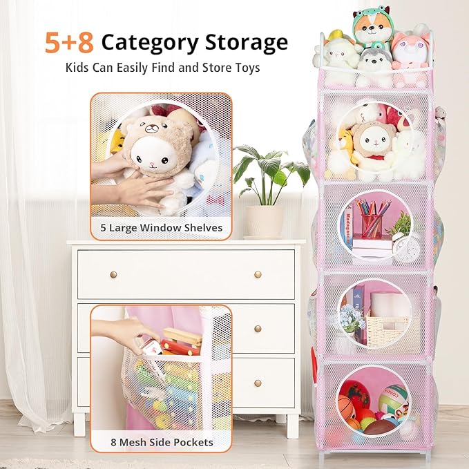 Stuffed Animal Storage, 5 Tier - 8 Side Pockets Toy Storage Organizer, 63.8" Space-Saving Corner Storage for Kids' Bedroom & Playroom, Pink