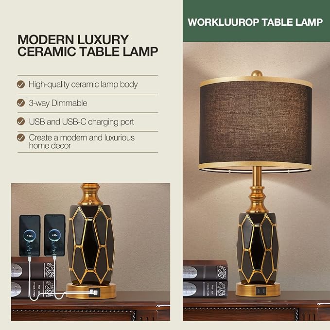 Set of 2 Touch Control Table Lamps for Bedroom Livingroom,Modern Ceramic Table Lamp with USB Ports,Bedside Nightstand Lamp with Fabric Drum Lampshade,Blubs Included (Black)