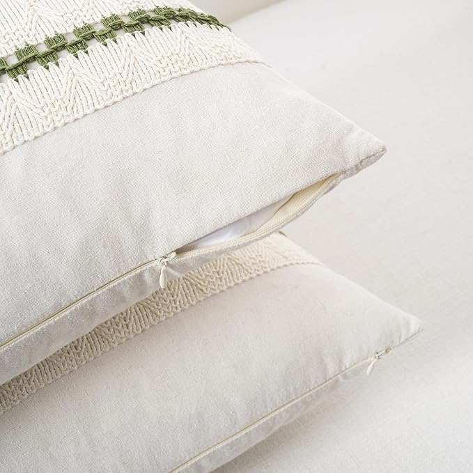 Fancy Homi Set of 2 Boho Moss Green Long Lumbar Decorative Throw Pillow Cover 12x24 Inch for Couch Bed Sofa Chair, Modern Organic Farmhouse Home Decor, Soft Cotton Cute Accent Rectangle Cushion Case