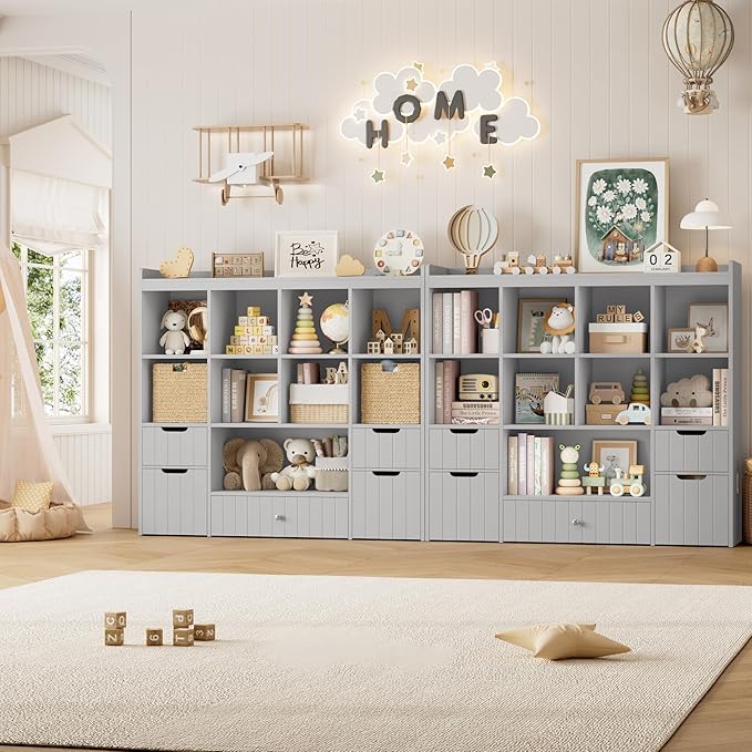HORSTORS 48" W Kids Toy Storage Organizer, Large Toy Storage Chest with Removable Bins, 46" H Kids Bookshelf and Bookcase with Drawers for Boys and Girls, Modern Toy Box for Playroom, Classroom, Grey