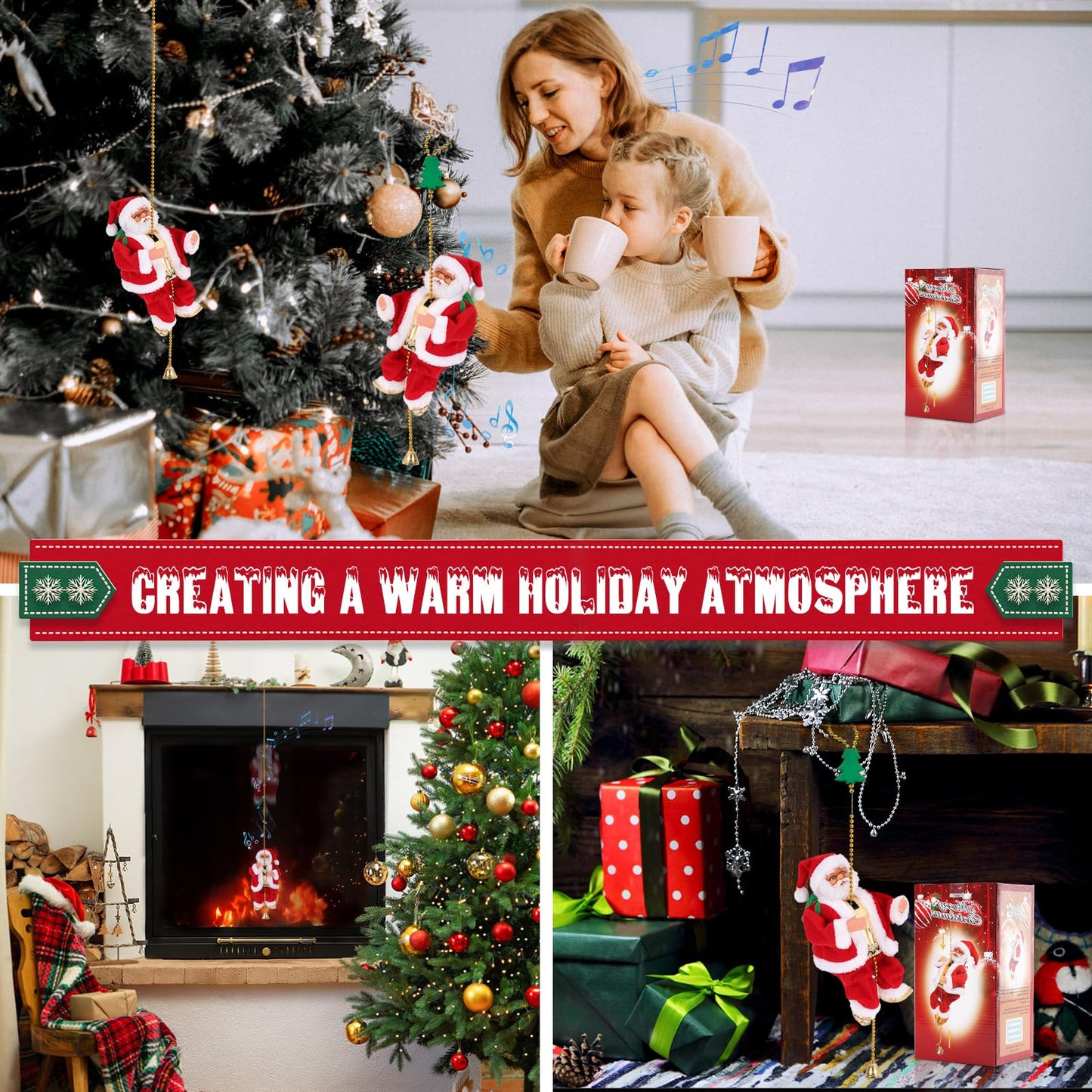 Gfilay 2025 Upgraded Climbing Santa with Music, Animated Electric Santa Claus on Rope, Musical Christmas Tree Ornament, Battery Operated Holiday Decoration Gift