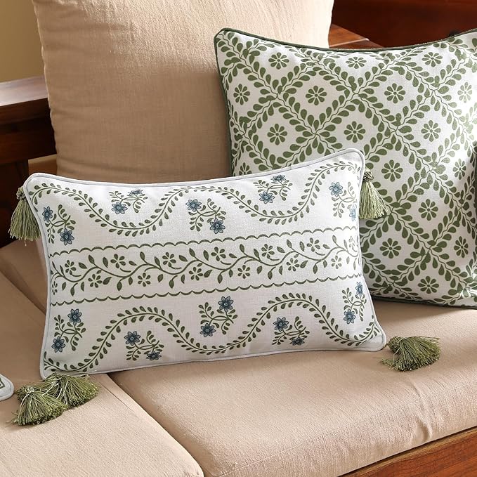 Design Fresh Linen Rectangular Throw Pillow Covers 12"x20" Pack of 2, French White Cottage Cushion Covers with Green Branches Pattern Decoration Pillowcases for Bed,Living Room,Outdoor,Car