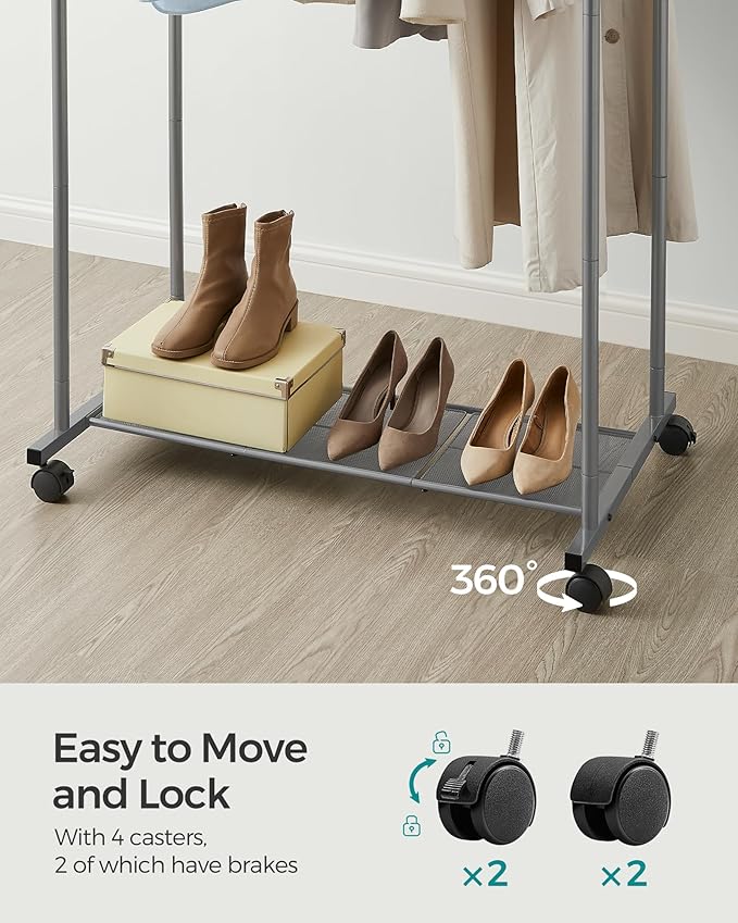 SONGMICS Double Rods Clothes Rack with Wheels, Clothing Rack for Hanging Clothes, Heavy Duty Garment Rack with Mesh Storage Shelf, 2 Brakes, Each Top Rail Holds up to 77 lb, Gery UHSR026G01