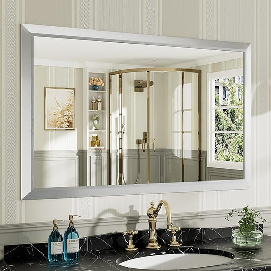 48x30 Inch Silver Bathroom Mirror for Wall, Thick Metal Framed Rectangle Mirrors for Over Sink, Bedroom, Living Room, Entryway, Anti-Rust, HD Tempered Glass