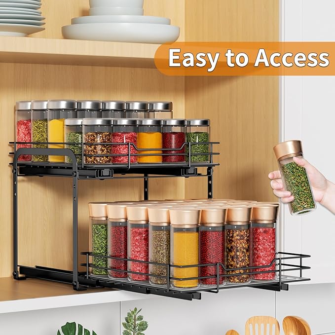 RCHYFEED Spice Organization for Cabinet,2 Tier Pull out Spice Rack Organizer for Inside Cabinets & Pantry, Slide out Heavy Duty Spice Shelf Rack for Kitchen Seasoning (11.5" Wx10.5 Dx9.5 H)