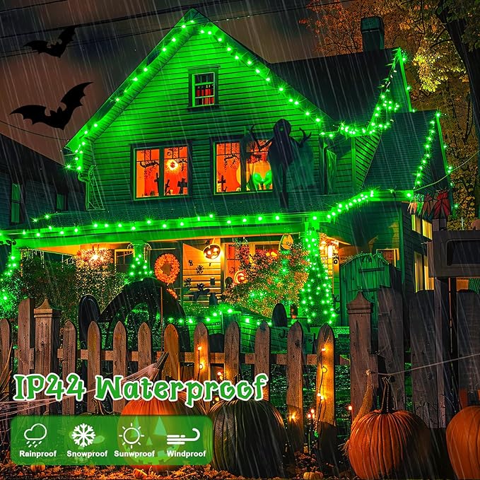 JMEXSUSS Green Halloween Lights Outdoor, 132ft 400 LED Halloween String Lights Plug in with Remote, Indoor Green Light for Porch Tree House Yard Christmas Decorations