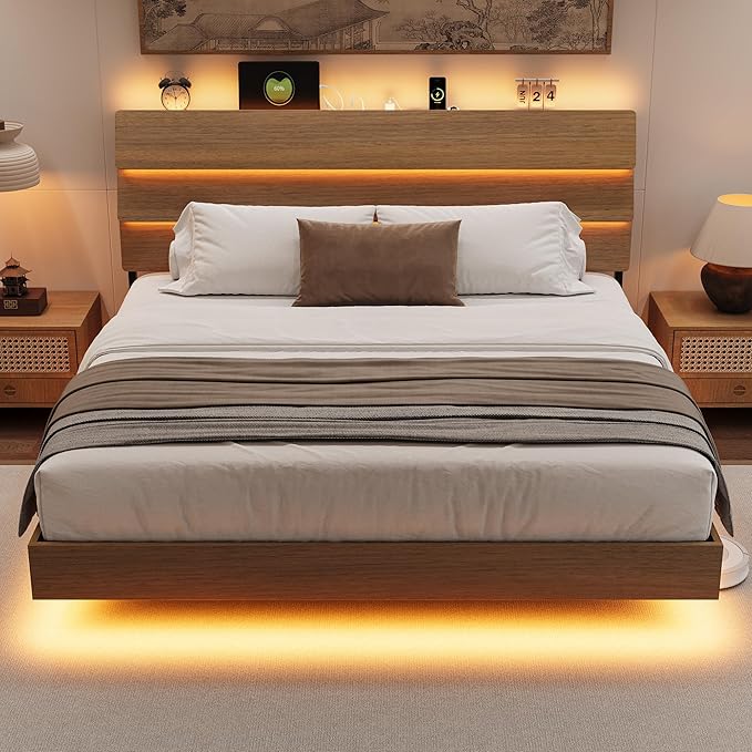 King Size Bed Frame with LED Headboard, Floating Bed Frame with Charging Station USB and V-Shaped Support, No Box Spring Needed, Noise Free, Easy Assembly, Walnut