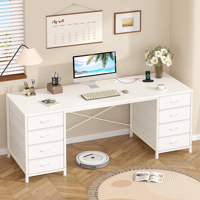 60 Inch Computer Desk with 8 Drawers, Home Office Desk with Power Outlets, Work Study Gaming Desk with 8 Fabric Drawers, White