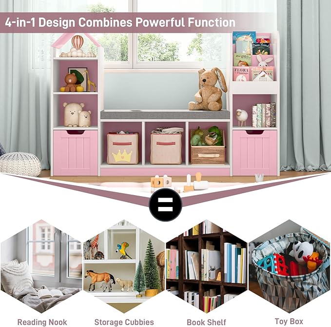 Kids Bookcase and Bookshelf with Reading Nook, Toy Storage Organizer for Kids, Pink Bookcase with 7 Storage Cubbies 2 Movable Drawers and Seat Cushion for Kids Room, Playroom, Bedroom