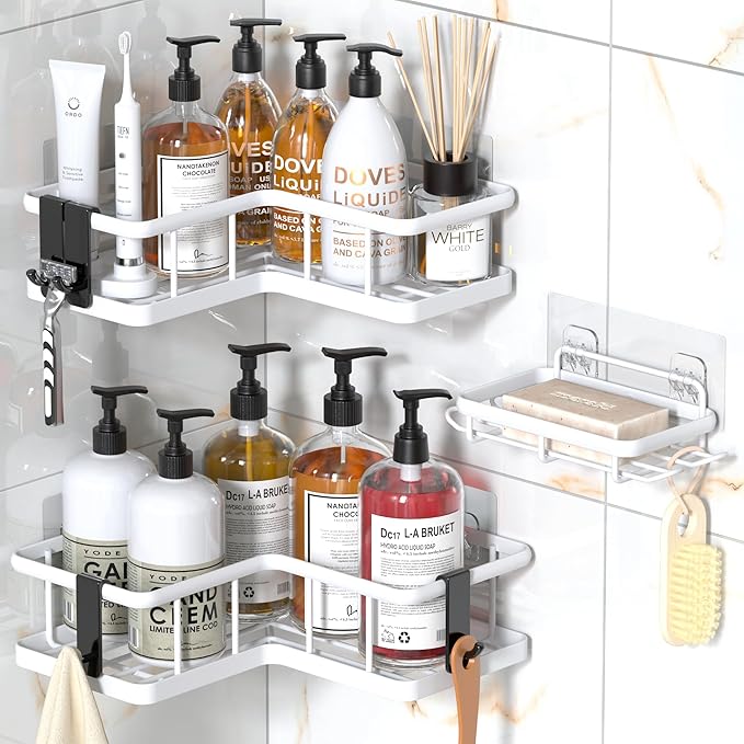 YASONIC Corner Shower Caddy Organizer, 3-Pack Self-Adhesive Rustproof Bath Shelves with Soap Holder & 4 Hooks, Large Capacity Shower Storage Rack for Bathroom Organization, White