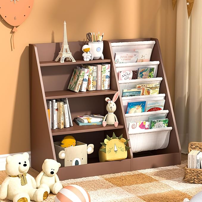 Kids Bookshelf Toy Storage Organizer 4-Tier Wood Book Rack Toddler Bookcase Baby Book Toy Display Shelf 5 Sling Bookshelf for Playroom Bedroom Nursery Classroom Church Espresso