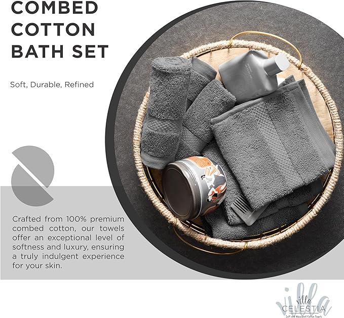 100% Combed Cotton Bathroom Towel Set of 6- 2 Bath Towels, 2 Hand Towels, 2 Wash Cloths, Sustainable, Soft, Highly Absorbent 6 Piece Cotton Bath Towel Set Ideal for Hotels, Spa, Bathroom, Dorm, Grey