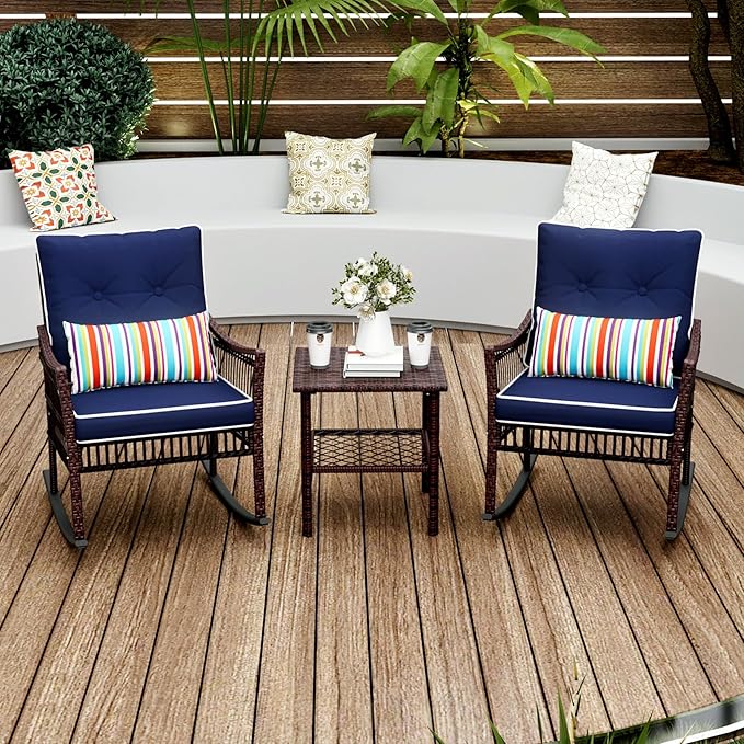 3 Pieces Patio Furniture Set, Outdoor Rocking Chairs Set of 2, Wicker Cushioned Patio Rocker with Side Table for Porch, Garden, Poolside & Deck, Blue