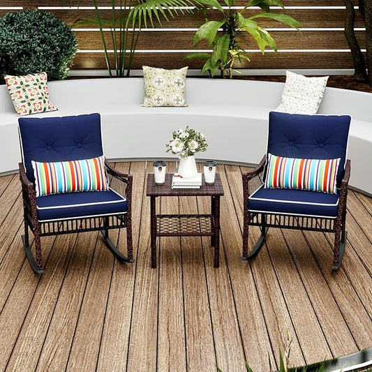 3 Pieces Patio Furniture Set, Outdoor Rocking Chairs Set of 2, Wicker Cushioned Patio Rocker with Side Table for Porch, Garden, Poolside & Deck, Blue