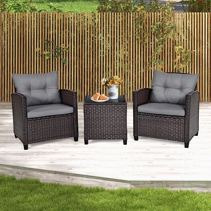 RELAX4LIFE 3-Piece Patio Furniture Set - Wicker Bistro Conversation Set w/2 Cushioned Armchairs & Glass Topped Table, Outdoor Rattan Sofa for Porch Balcony Poolside (Grey)