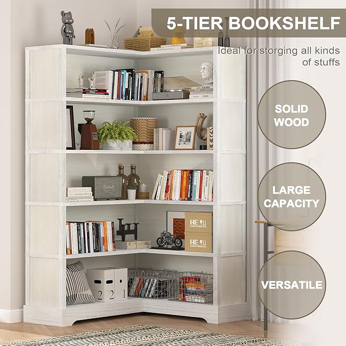 TVU Wood Corner Book Shelf, 5 Tier 65 Inch Tall Bookshelf with Storage, Floor Standing Display Book Shelf for Living Room, Kitchen, Home Office, Antique White