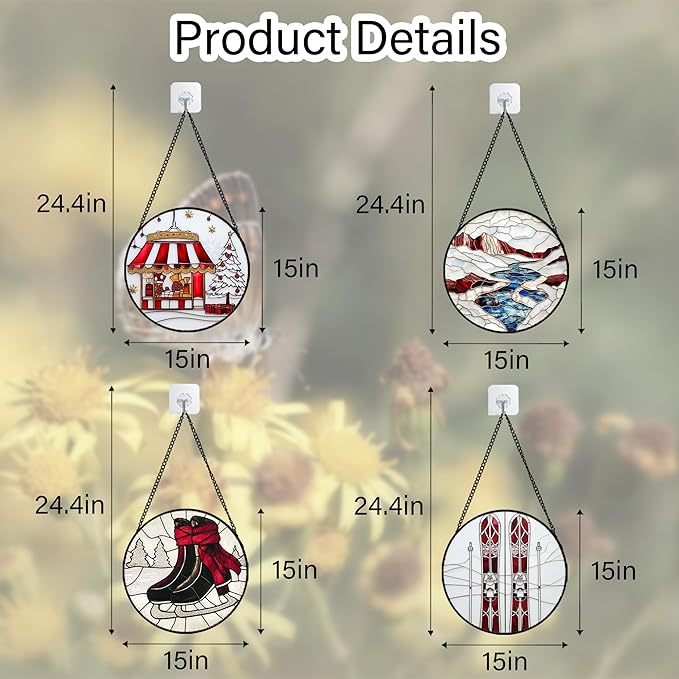 Stained Glass Window Hanging 4 Pcs Set Winter Skiing Red Christmas House Large 15" - Suncatcher Door Garden Sun Catcher Decor Birthday Mother's Day for Mom Woman Nana Friend