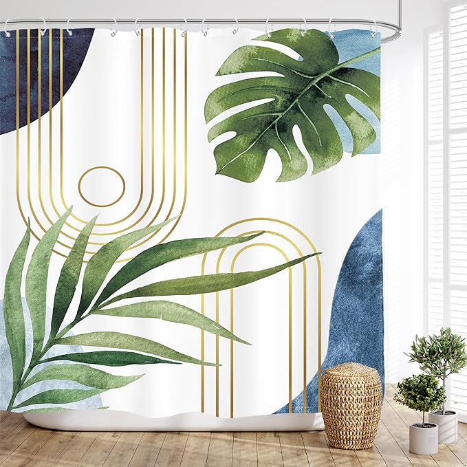 Glawry Boho Blue Green Shower Curtain Extra Long Abstract Mid Century Tropical Palm Leaf Modern Minimalist Plant Bathroom Geometric 72Wx78L Inches Bath Accessories Art Home Decor Fabric 12 Pack Hook
