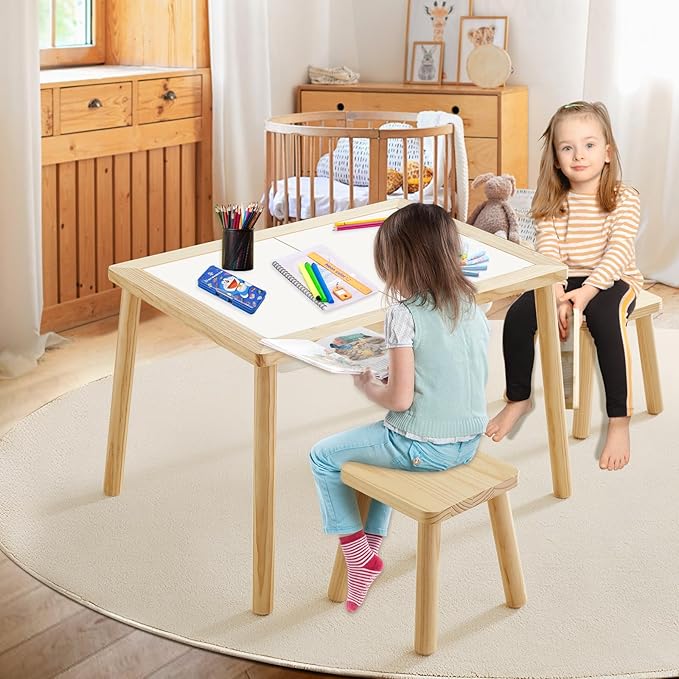 Beright Wooden Step Stool for Kids, Children's Stool fit with Sensory Table, Sturdy Sitting Stool with Assembled Four-Legged, for Children, Toddler, Square, 1 Pack