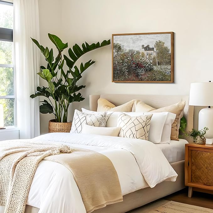 Floating Framed Vintage Monet Canvas Wall Art, Classical Rustic Farmhouse Landscape Wall Decor Paintings, Natural Floral Artwork Pictures Posters Prints for Living Room Bedroom 12x16 inch