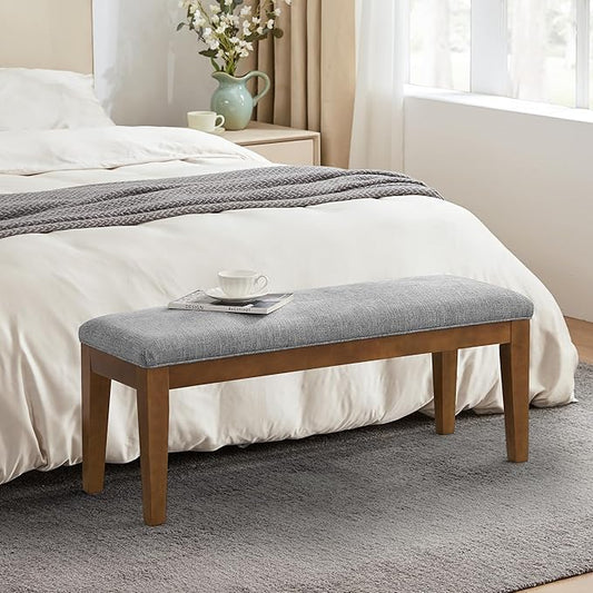 HUIMO Upholstered Entryway Bench, Bedroom Bench with Solid Wooden Legs, End of Bed Bench with Padded Seat for Living Room, Bedroom, Corners, Kitchen (Grey)