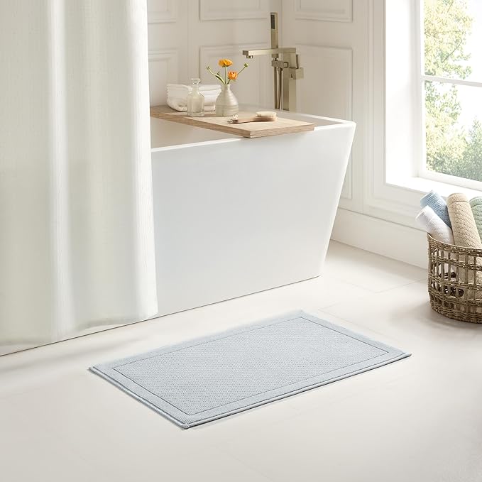 Arkwright 100% Cotton Bathroom Rug - High Absorbent Stylish Textured Woven Design Bath Mat, Slip Resistant Backing for Shower and Bathtub Floor, 24x36 in - Blue