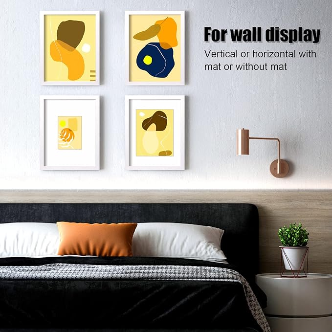 KINLINK 11x14 Picture Frame White, Solid Wood Frames with Acrylic Plexiglass for Pictures 5x7/8x10 with Mat or 11x14 without Mat, Tabletop and Wall Display, Set of 4