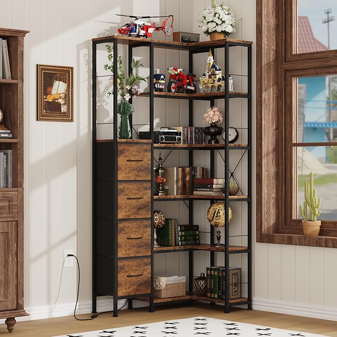 Corner Bookshelf with LED Light Strips & 4 Fabric Drawers, 6-Tier Convertible Corner Shelf with Display Shelf, Large Wood Industrial Bookcase for Living Room, Bedroom, Home Office, Rustic Brown