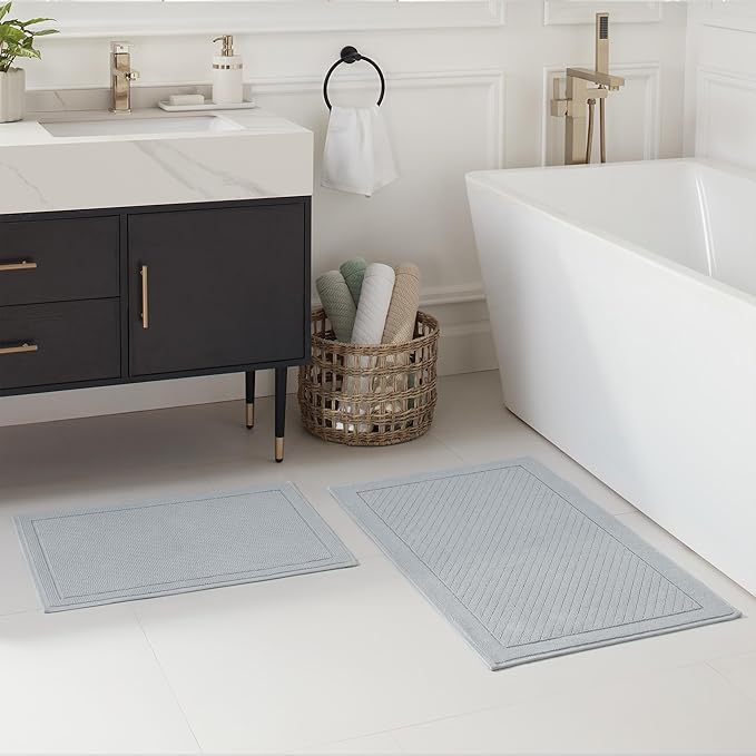 Arkwright 2 Piece 100% Cotton Bathroom Rug Set - High Absorbent Stylish Textured Woven Design Bath Mat, Slip Resistant Backing for Shower and Bathtub Floor, 17x24 & 20x32 in - Blue
