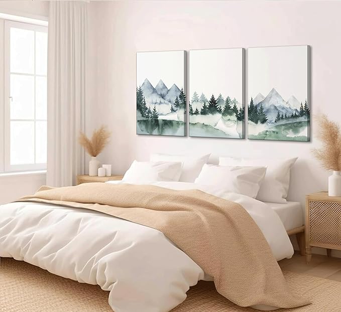 3 Pcs Modern Mountains Canvas Wall Art Green Watercolor Misty Pine Forest Nature Minimalism Abstract Landscape Painting Picture Wall Decor Poster Print Artwork for Living Room Bedroom Office