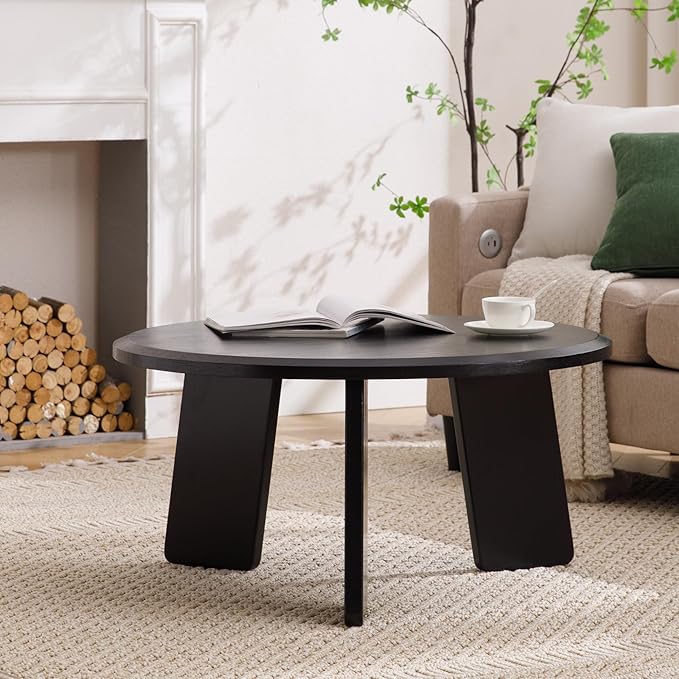 Modern Wood Coffee Table Small Desk Farmhouse Round Coffee Table Floor Table Couch Table Easy Assembly for Living Room/Office/Reception/Sofa Couch End, Black